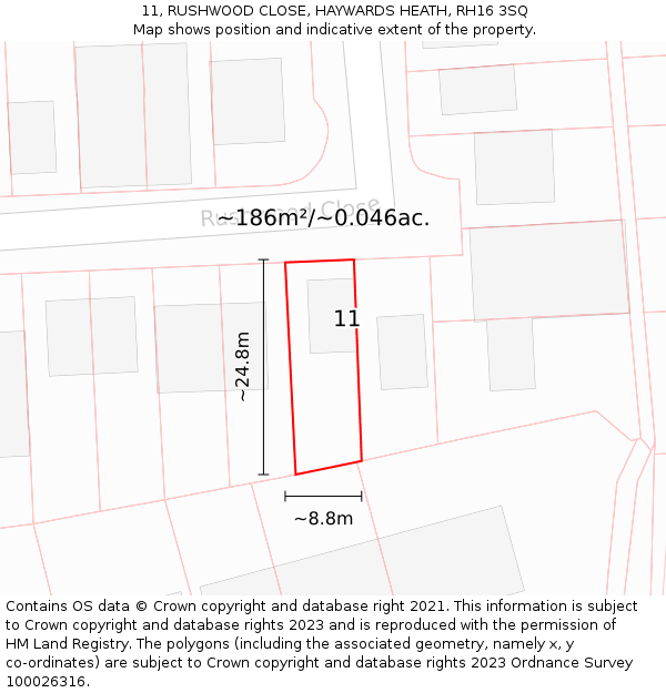 11, RUSHWOOD CLOSE, HAYWARDS HEATH, RH16 3SQ: Plot and title map