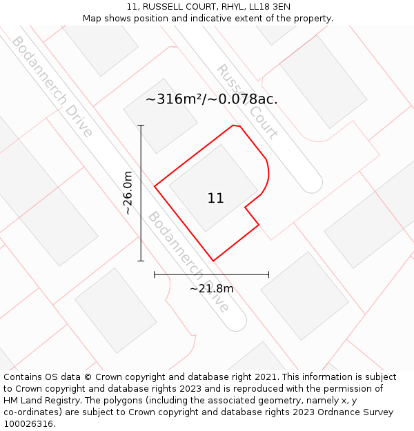 11, RUSSELL COURT, RHYL, LL18 3EN: Plot and title map