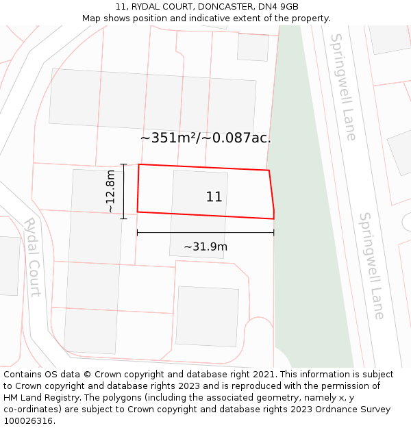 11, RYDAL COURT, DONCASTER, DN4 9GB: Plot and title map