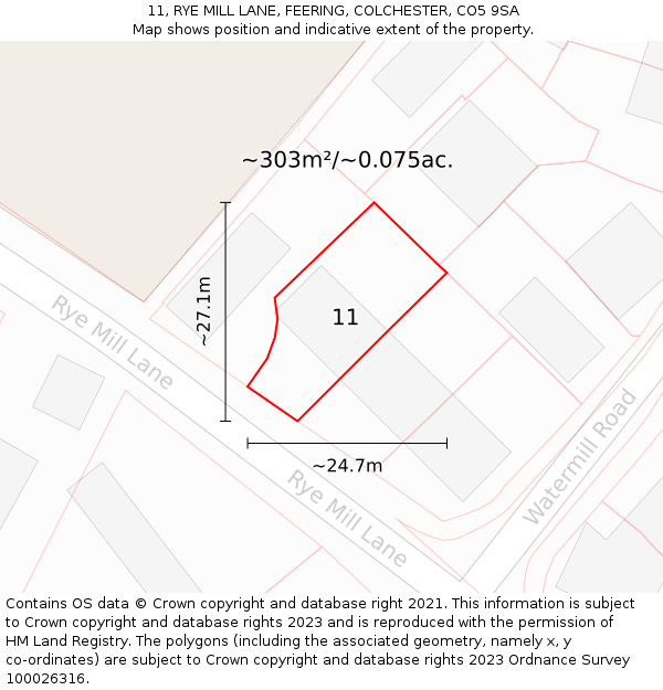 11, RYE MILL LANE, FEERING, COLCHESTER, CO5 9SA: Plot and title map