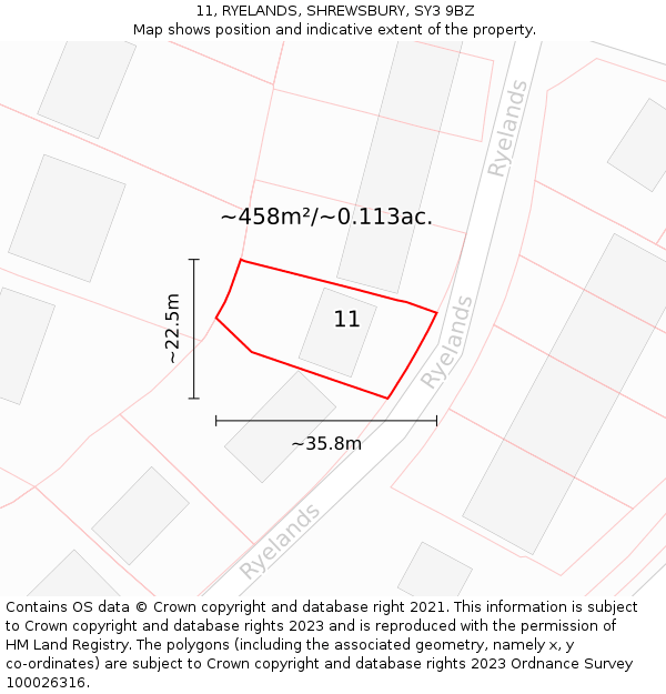 11, RYELANDS, SHREWSBURY, SY3 9BZ: Plot and title map