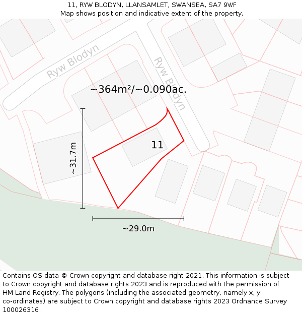 11, RYW BLODYN, LLANSAMLET, SWANSEA, SA7 9WF: Plot and title map