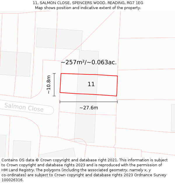 11, SALMON CLOSE, SPENCERS WOOD, READING, RG7 1EG: Plot and title map