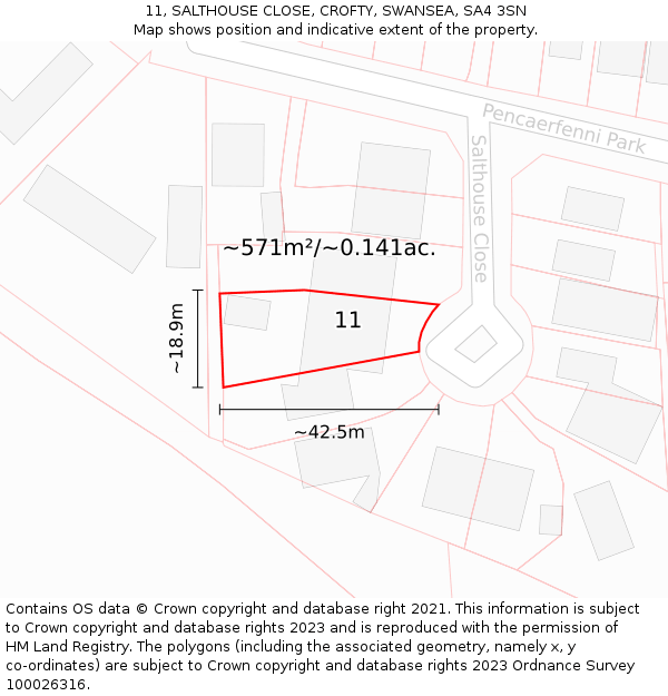 11, SALTHOUSE CLOSE, CROFTY, SWANSEA, SA4 3SN: Plot and title map