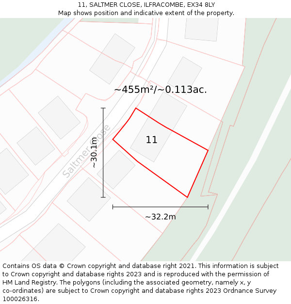 11, SALTMER CLOSE, ILFRACOMBE, EX34 8LY: Plot and title map