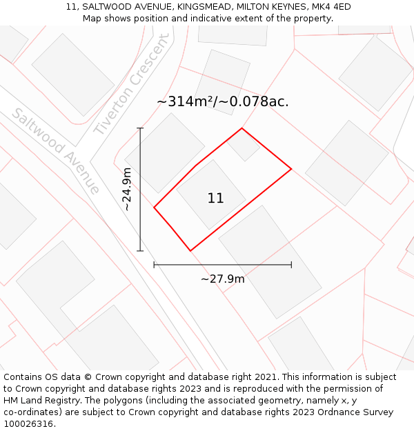 11, SALTWOOD AVENUE, KINGSMEAD, MILTON KEYNES, MK4 4ED: Plot and title map