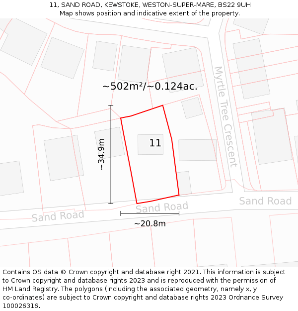 11, SAND ROAD, KEWSTOKE, WESTON-SUPER-MARE, BS22 9UH: Plot and title map