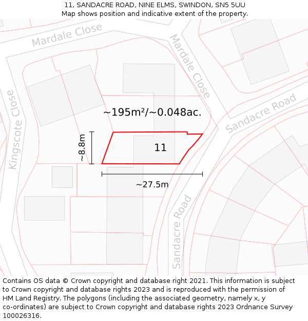 11, SANDACRE ROAD, NINE ELMS, SWINDON, SN5 5UU: Plot and title map