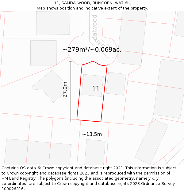 11, SANDALWOOD, RUNCORN, WA7 6UJ: Plot and title map