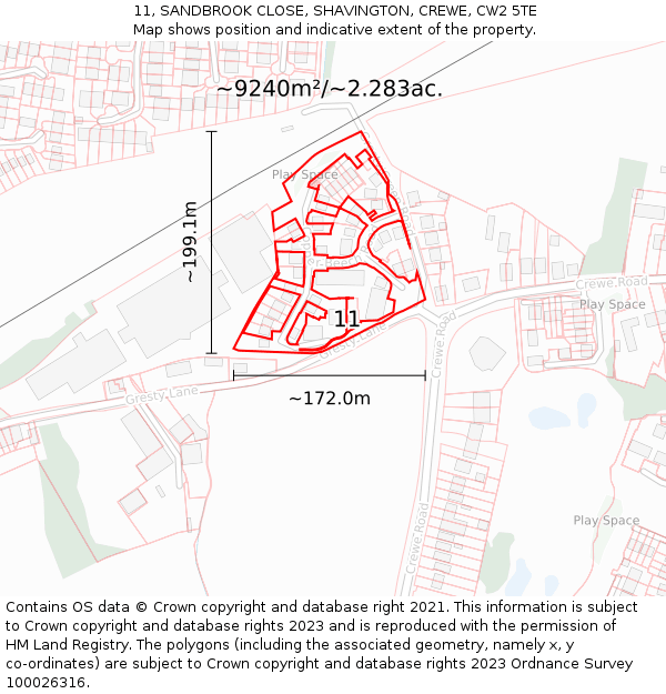 11, SANDBROOK CLOSE, SHAVINGTON, CREWE, CW2 5TE: Plot and title map