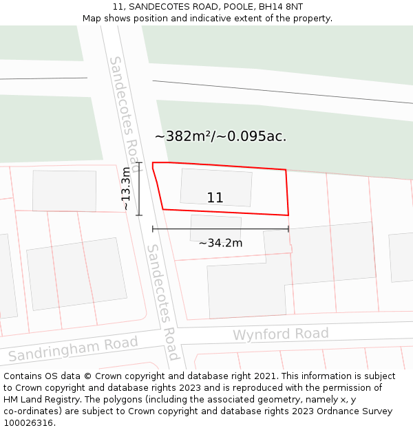 11, SANDECOTES ROAD, POOLE, BH14 8NT: Plot and title map