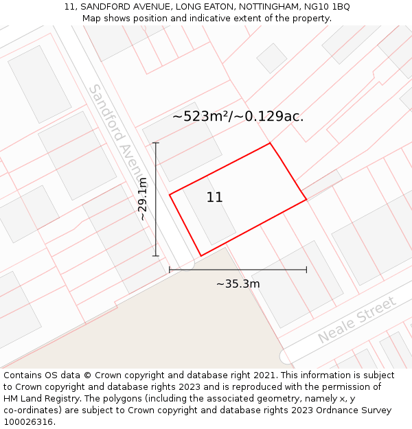 11, SANDFORD AVENUE, LONG EATON, NOTTINGHAM, NG10 1BQ: Plot and title map