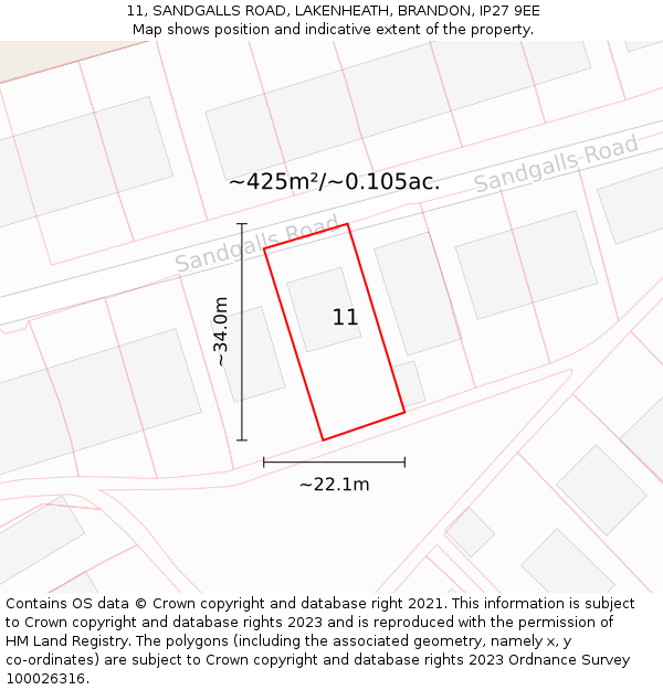 11, SANDGALLS ROAD, LAKENHEATH, BRANDON, IP27 9EE: Plot and title map