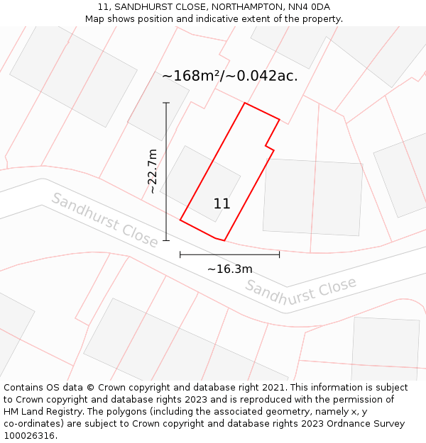 11, SANDHURST CLOSE, NORTHAMPTON, NN4 0DA: Plot and title map