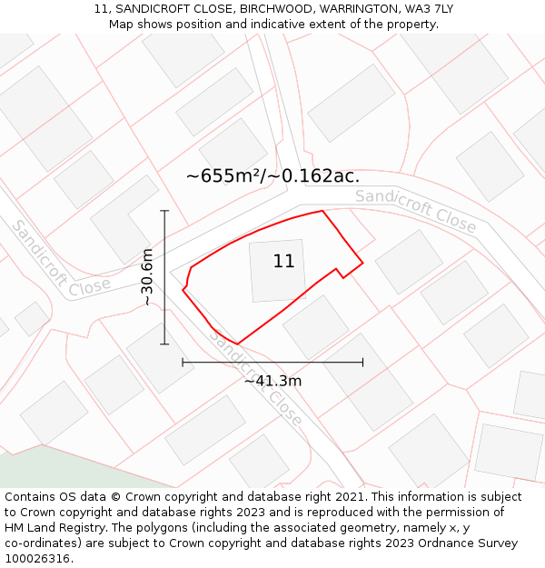 11, SANDICROFT CLOSE, BIRCHWOOD, WARRINGTON, WA3 7LY: Plot and title map