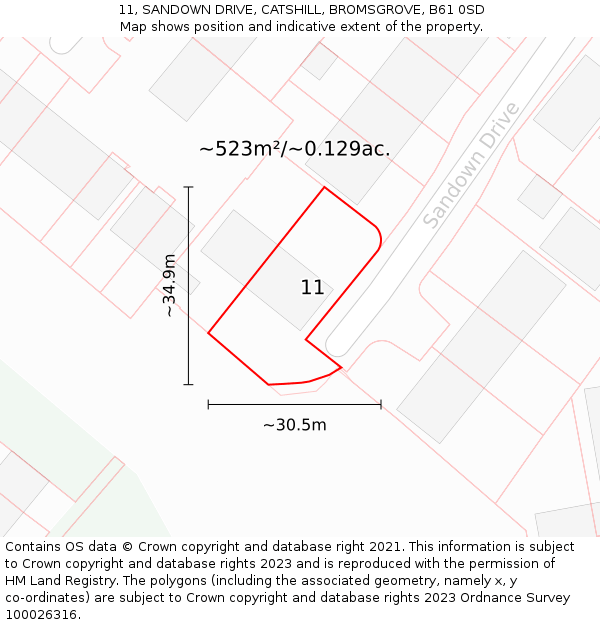 11, SANDOWN DRIVE, CATSHILL, BROMSGROVE, B61 0SD: Plot and title map