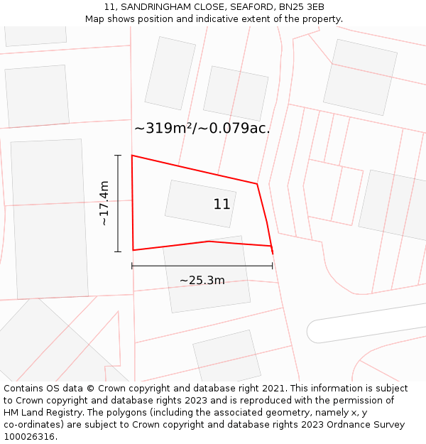 11, SANDRINGHAM CLOSE, SEAFORD, BN25 3EB: Plot and title map