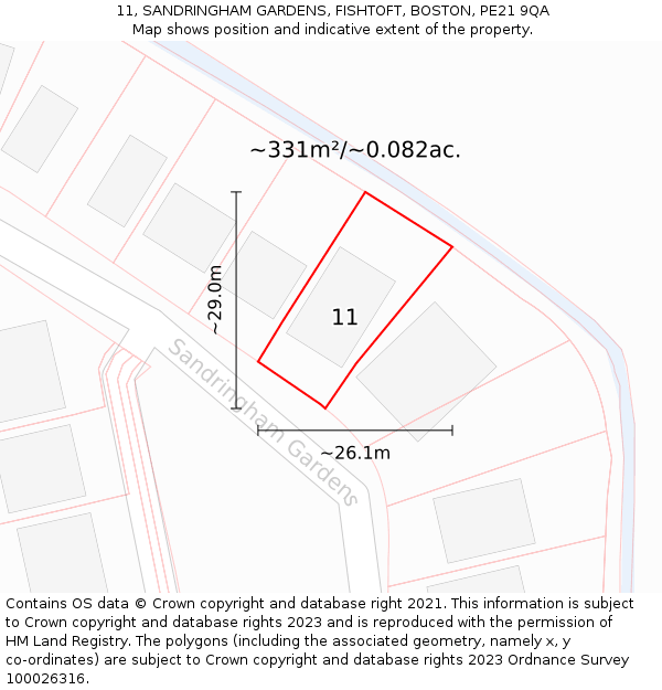 11, SANDRINGHAM GARDENS, FISHTOFT, BOSTON, PE21 9QA: Plot and title map