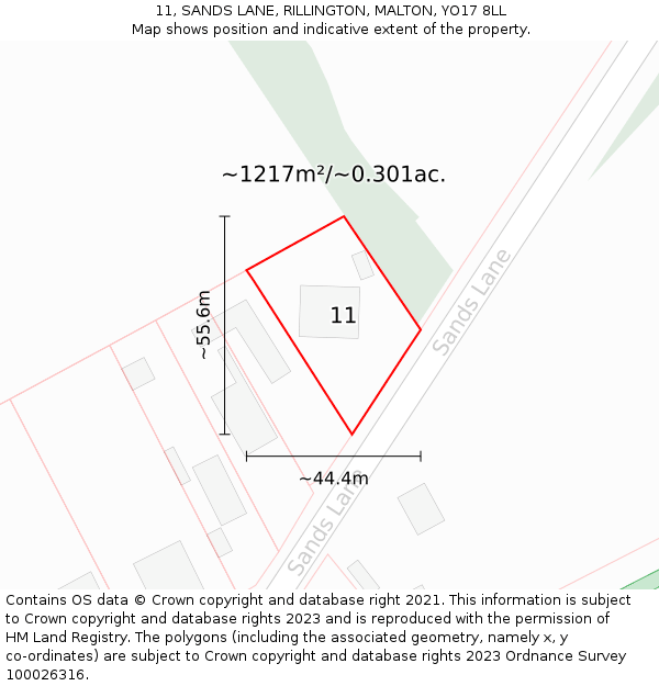 11, SANDS LANE, RILLINGTON, MALTON, YO17 8LL: Plot and title map