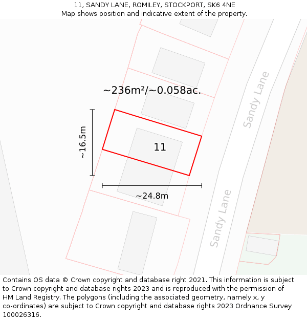 11, SANDY LANE, ROMILEY, STOCKPORT, SK6 4NE: Plot and title map