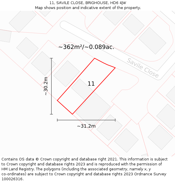 11, SAVILE CLOSE, BRIGHOUSE, HD6 4JW: Plot and title map