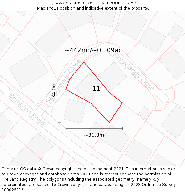 11, SAVOYLANDS CLOSE, LIVERPOOL, L17 5BR: Plot and title map