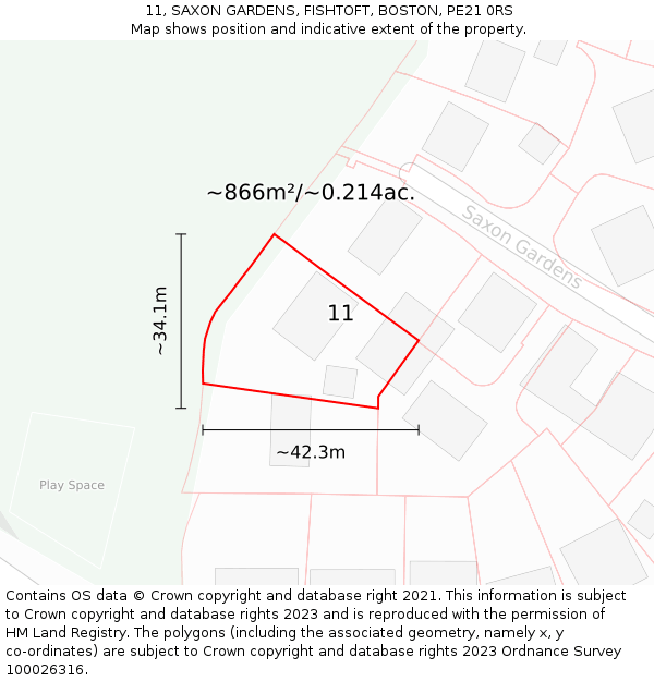 11, SAXON GARDENS, FISHTOFT, BOSTON, PE21 0RS: Plot and title map