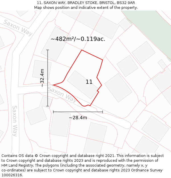 11, SAXON WAY, BRADLEY STOKE, BRISTOL, BS32 9AR: Plot and title map