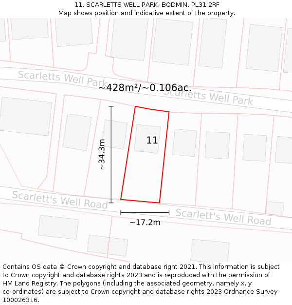 11, SCARLETTS WELL PARK, BODMIN, PL31 2RF: Plot and title map