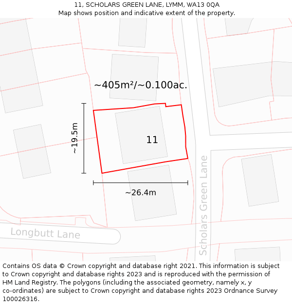 11, SCHOLARS GREEN LANE, LYMM, WA13 0QA: Plot and title map