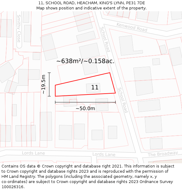 11, SCHOOL ROAD, HEACHAM, KING'S LYNN, PE31 7DE: Plot and title map