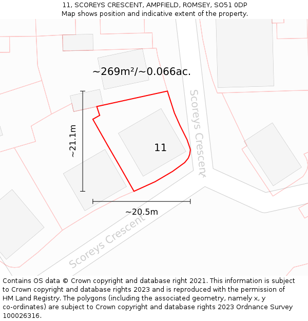 11, SCOREYS CRESCENT, AMPFIELD, ROMSEY, SO51 0DP: Plot and title map