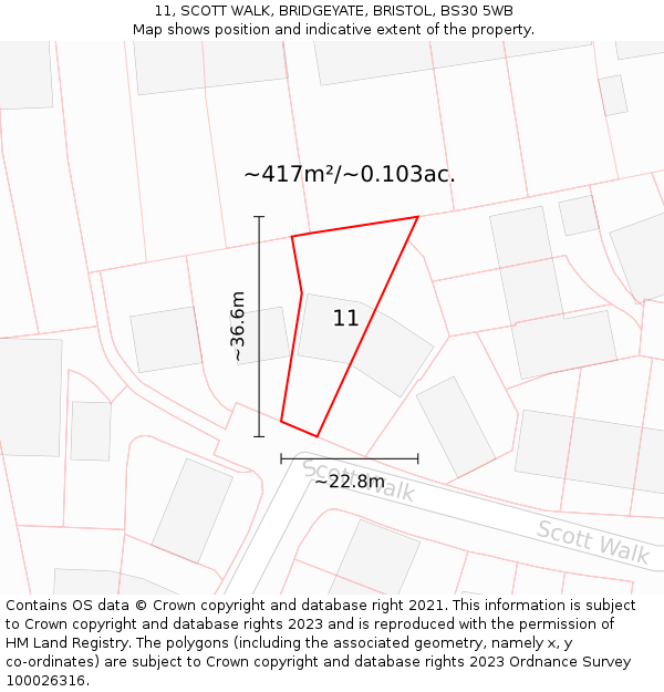 11, SCOTT WALK, BRIDGEYATE, BRISTOL, BS30 5WB: Plot and title map