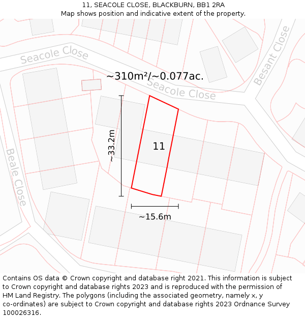 11, SEACOLE CLOSE, BLACKBURN, BB1 2RA: Plot and title map