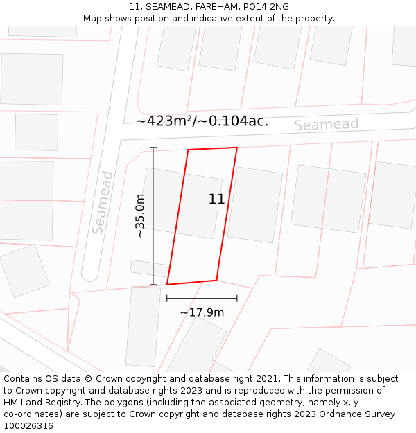 11, SEAMEAD, FAREHAM, PO14 2NG: Plot and title map