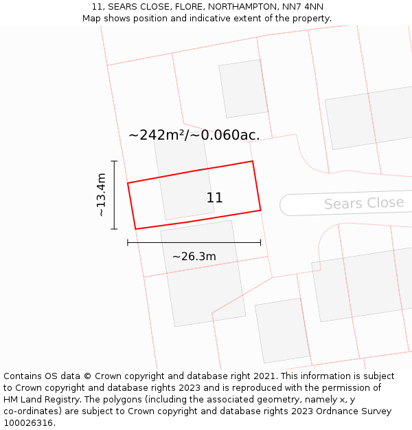 11, SEARS CLOSE, FLORE, NORTHAMPTON, NN7 4NN: Plot and title map