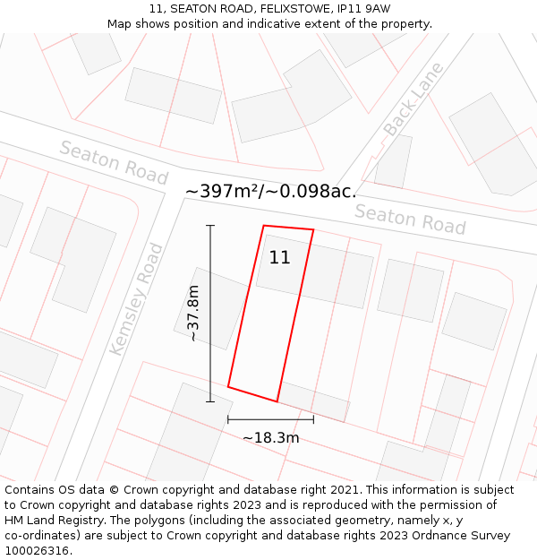 11, SEATON ROAD, FELIXSTOWE, IP11 9AW: Plot and title map