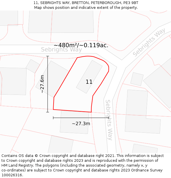 11, SEBRIGHTS WAY, BRETTON, PETERBOROUGH, PE3 9BT: Plot and title map