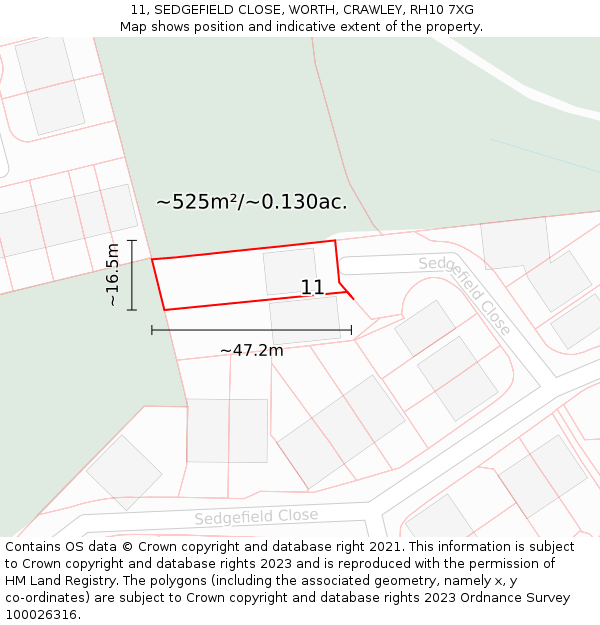 11, SEDGEFIELD CLOSE, WORTH, CRAWLEY, RH10 7XG: Plot and title map