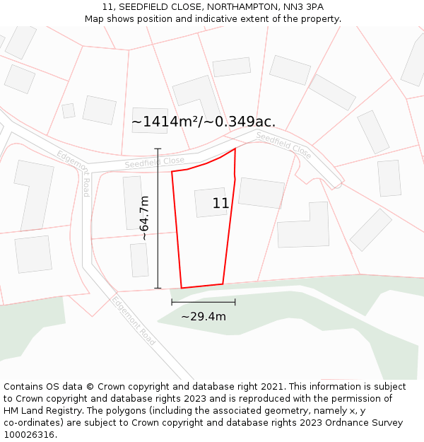 11, SEEDFIELD CLOSE, NORTHAMPTON, NN3 3PA: Plot and title map