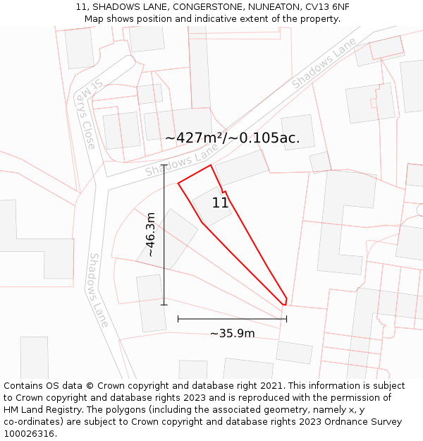 11, SHADOWS LANE, CONGERSTONE, NUNEATON, CV13 6NF: Plot and title map