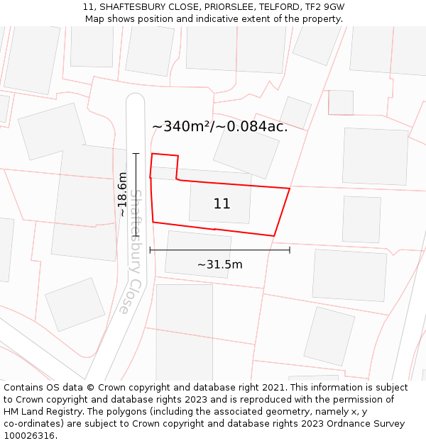 11, SHAFTESBURY CLOSE, PRIORSLEE, TELFORD, TF2 9GW: Plot and title map