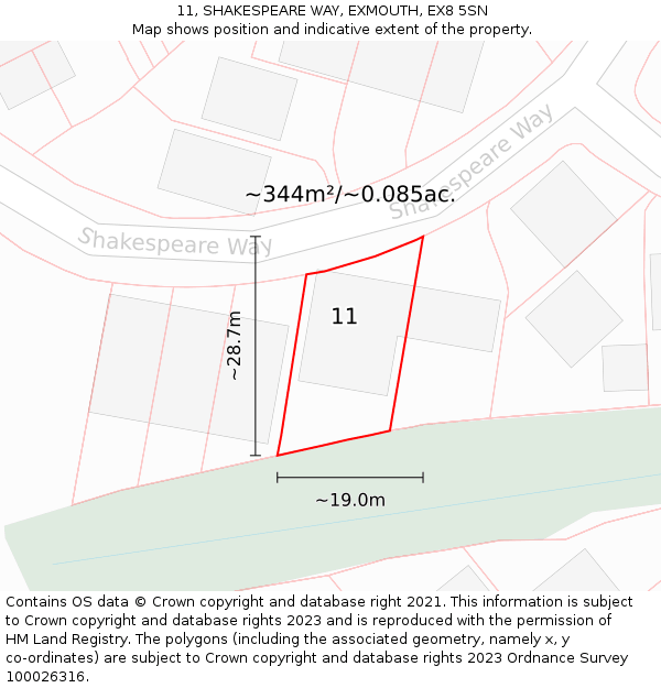 11, SHAKESPEARE WAY, EXMOUTH, EX8 5SN: Plot and title map