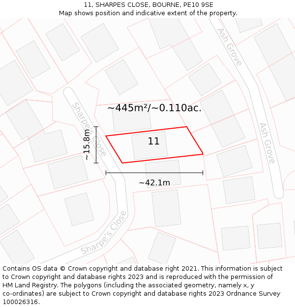 11, SHARPES CLOSE, BOURNE, PE10 9SE: Plot and title map