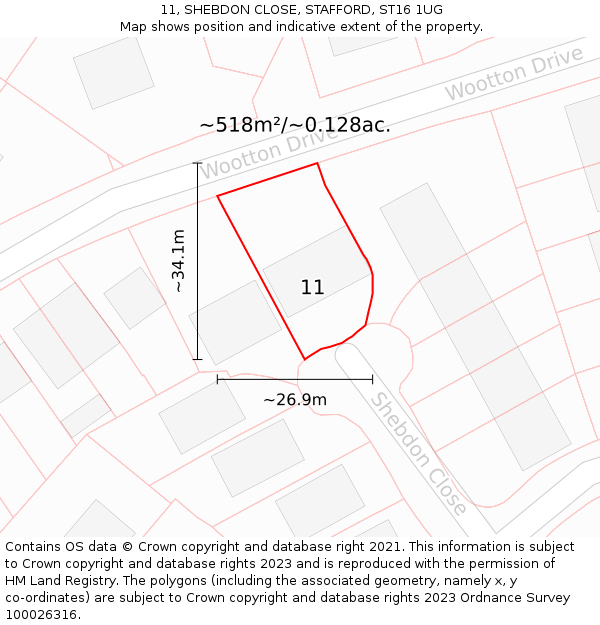 11, SHEBDON CLOSE, STAFFORD, ST16 1UG: Plot and title map