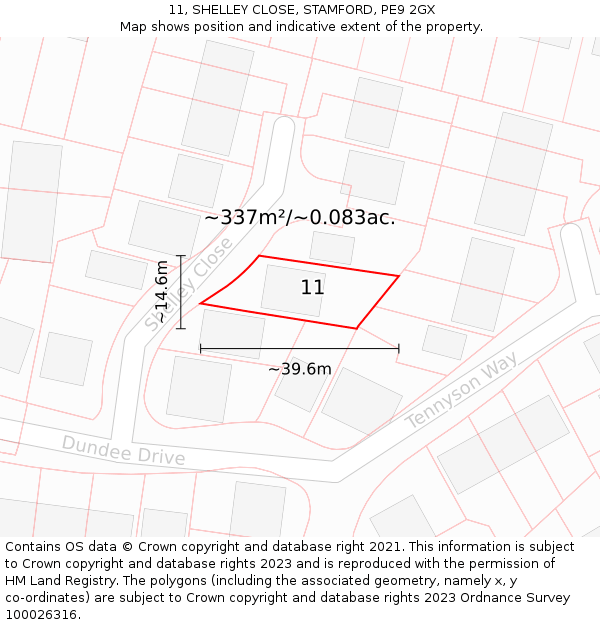 11, SHELLEY CLOSE, STAMFORD, PE9 2GX: Plot and title map