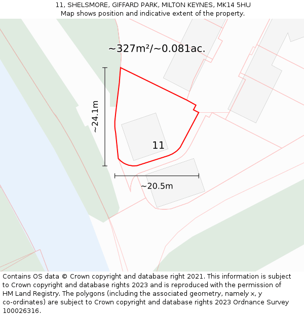 11, SHELSMORE, GIFFARD PARK, MILTON KEYNES, MK14 5HU: Plot and title map