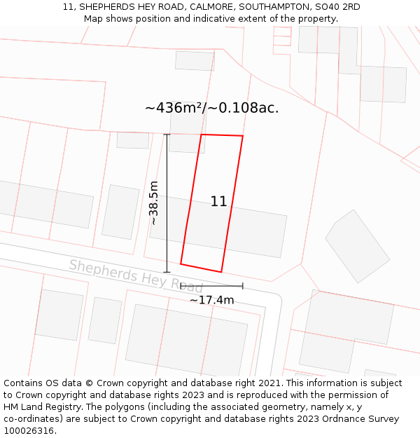 11, SHEPHERDS HEY ROAD, CALMORE, SOUTHAMPTON, SO40 2RD: Plot and title map