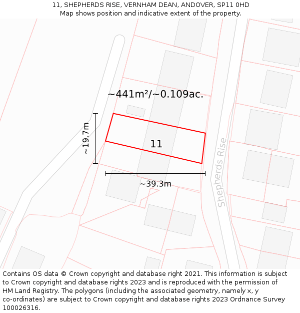 11, SHEPHERDS RISE, VERNHAM DEAN, ANDOVER, SP11 0HD: Plot and title map