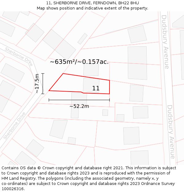 11, SHERBORNE DRIVE, FERNDOWN, BH22 8HU: Plot and title map